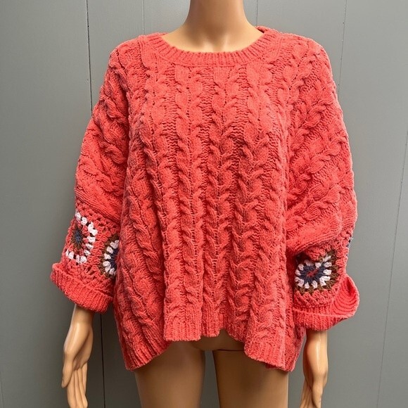 POL Cable Knit Long Sleeve Orange Sweater With Granny Square Detail Size Small - Picture 2 of 11